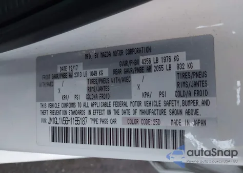 2017 Mazda Mazda6 Touring из США, поврежденный, VIN JM1GL1V56H1155187